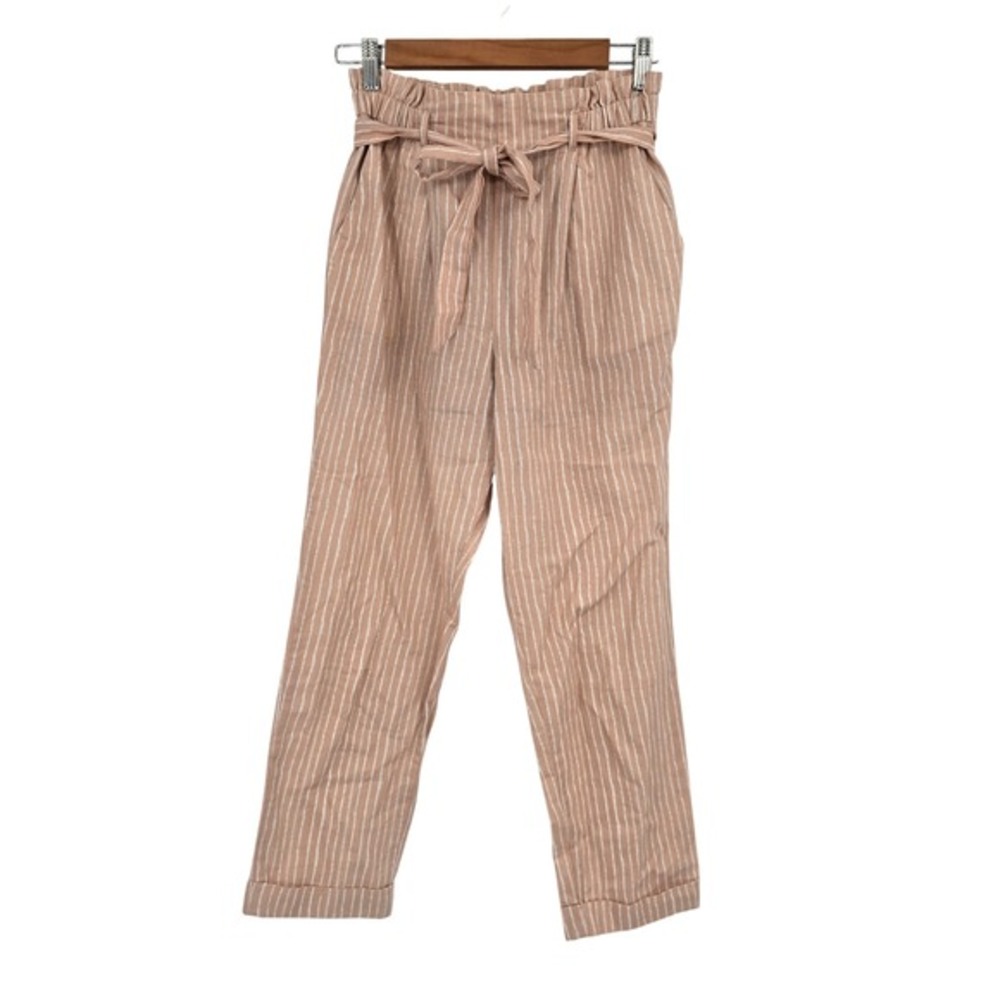 Sienna Sky Peach Pinstripe Paperbag Waist Pants Women Medium‎ Tie Belt Cuffed